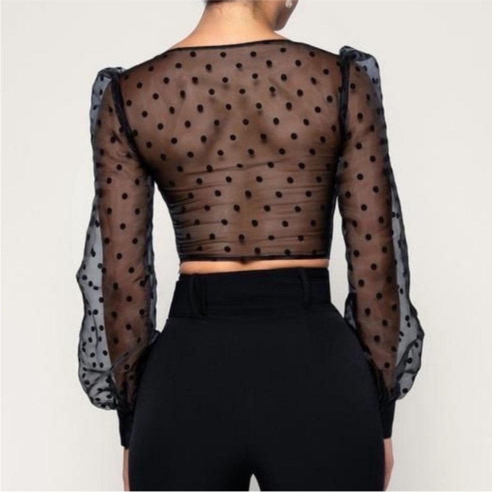 MESHKI Sailor Polka Dot Sheer Puff Sleeve Black Corset Top Size Small - Picture 2 of 8